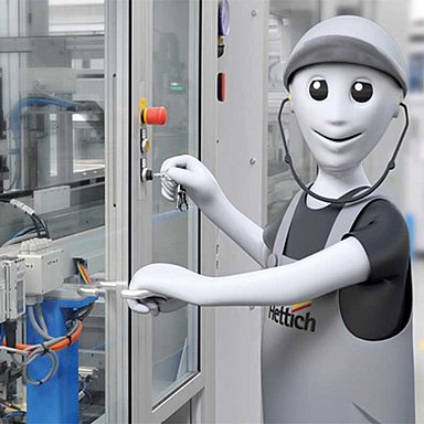 Vor einem Produktionsschrank steht eine Comicfigur zum Thema Safety Excellence bei Hettich